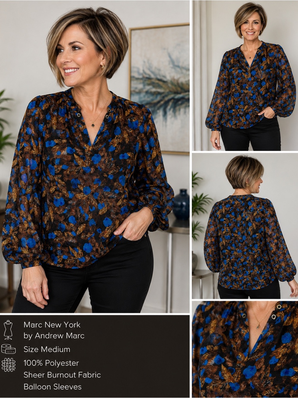 Marc New York Floral Burnout Balloon-Sleeve Blouse - Blue/Brown